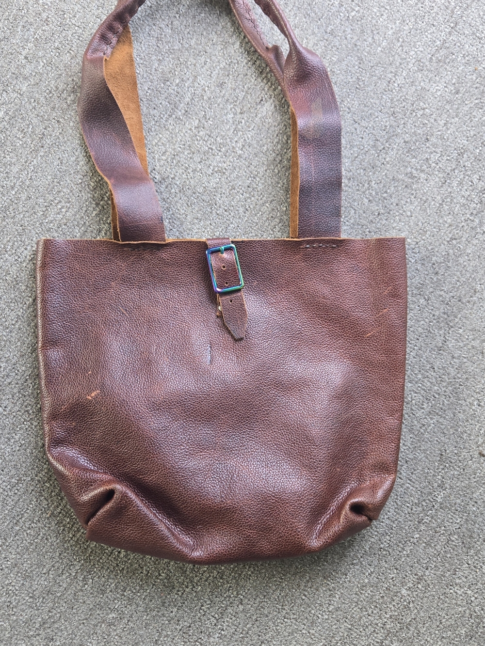 Brown Leather Messenger Tote with Buckle Strap